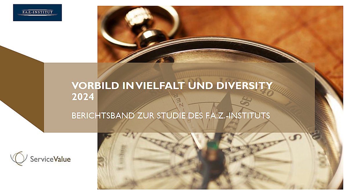 Das Cover des Papiers der Studie zeigt einen schwarz-weißen Kompass auf goldbraunen Hintergrund. Der Titel der Studie "Vorbild in Vielfalt und Diversity" ist in weißer Schrift darübergelegt. Zwischen Kompass und Schrift ist ein hellgraues Band unter die Schrift gelegt worden, um diese lesbar zu machen. 