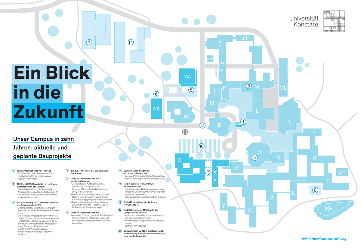 Gezeichnete Karte vom Universitätscampus. An verschiedenen Stellen sind Zahlen auf die Gebäude gezeichnet. Die Zahlen stehen für die verschiedenen Bauprojekte. In der Legende werden die Bauprojekte beschrieben. 